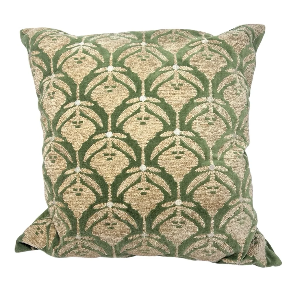 Crate&Barrel Kita Green and Tan Velvet Floral Throw Pillows Set of 2